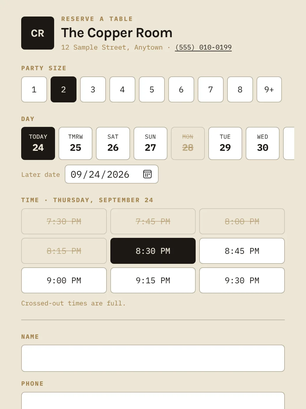 The booking page on a phone: party size, day, and times with the full ones crossed out