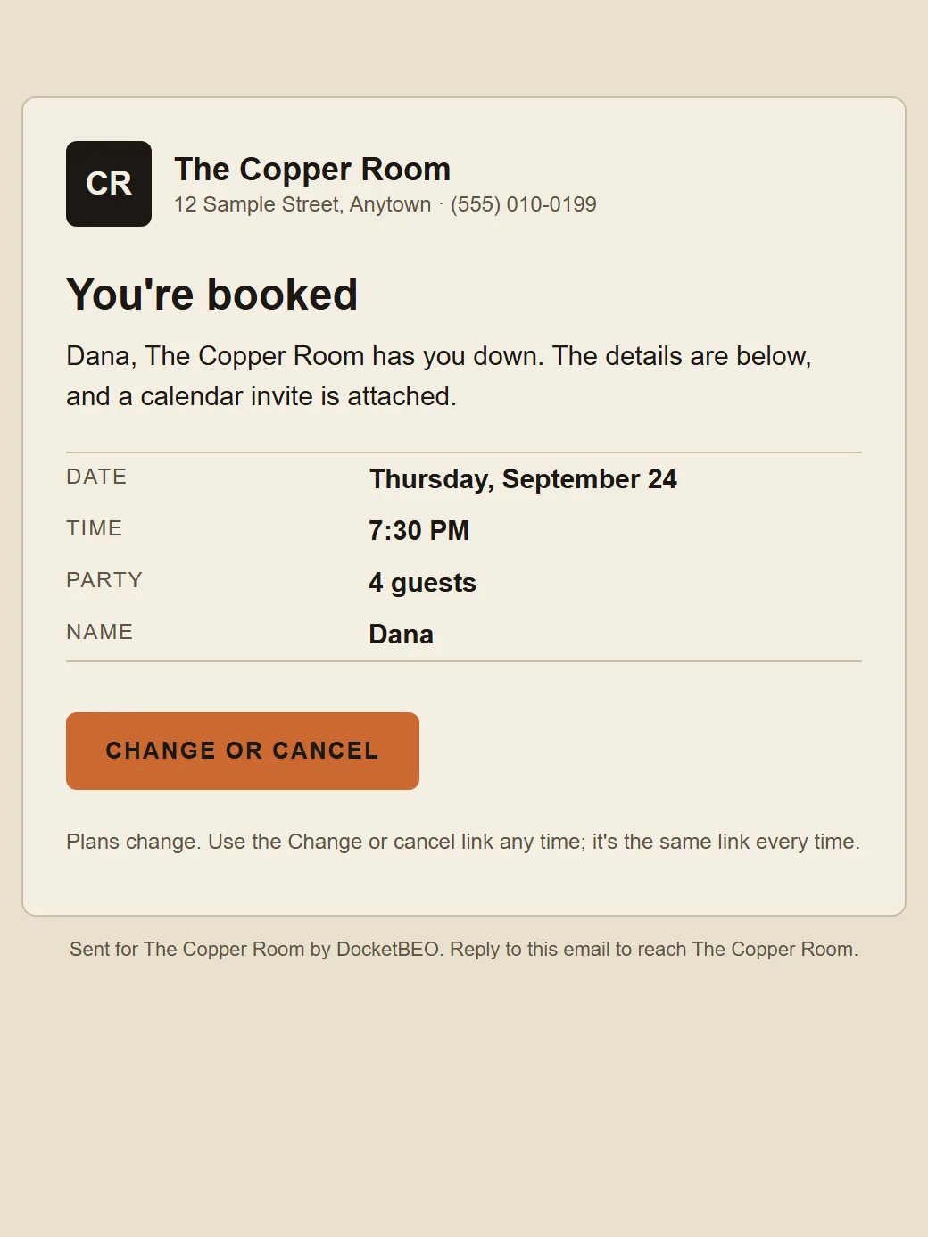 A booking confirmation email from The Copper Room with the date, time and a Change or cancel button