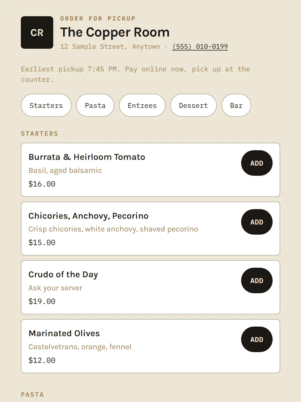 The pickup ordering page on a phone: earliest pickup time and the menu with Add buttons
