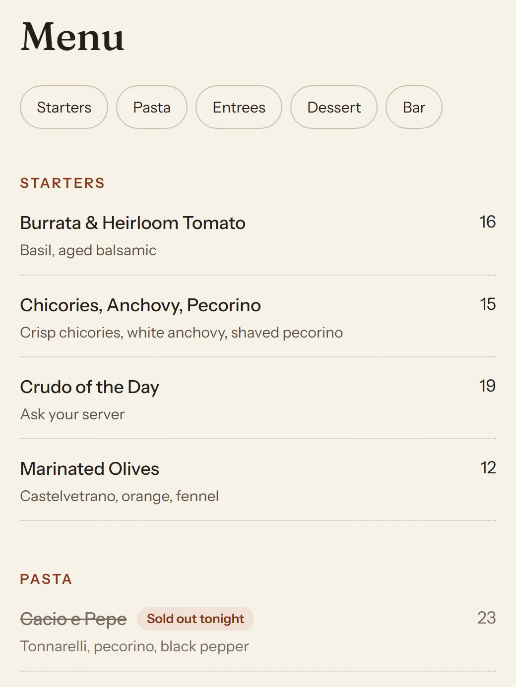 A venue website's menu on a phone, with Cacio e Pepe marked Sold out tonight